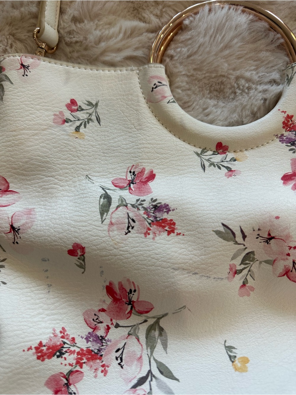 Floral Print Ivory Crossbody Bag with Gold Ring Handle and shoes - Picture 5 of 15